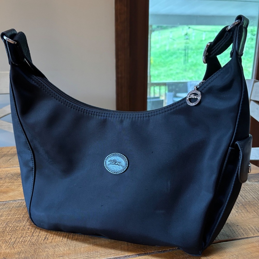 Longchamp Black Large Nylon Hobo Bag Purse Zipper Closure Made In France